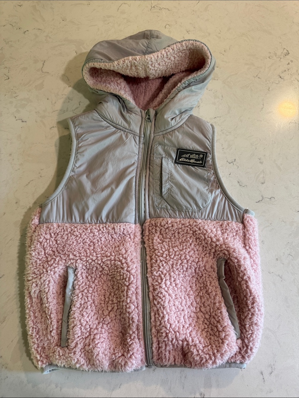 Eddie Bauer Pink and Light Gray Sherpa Hooded Puffer Vest